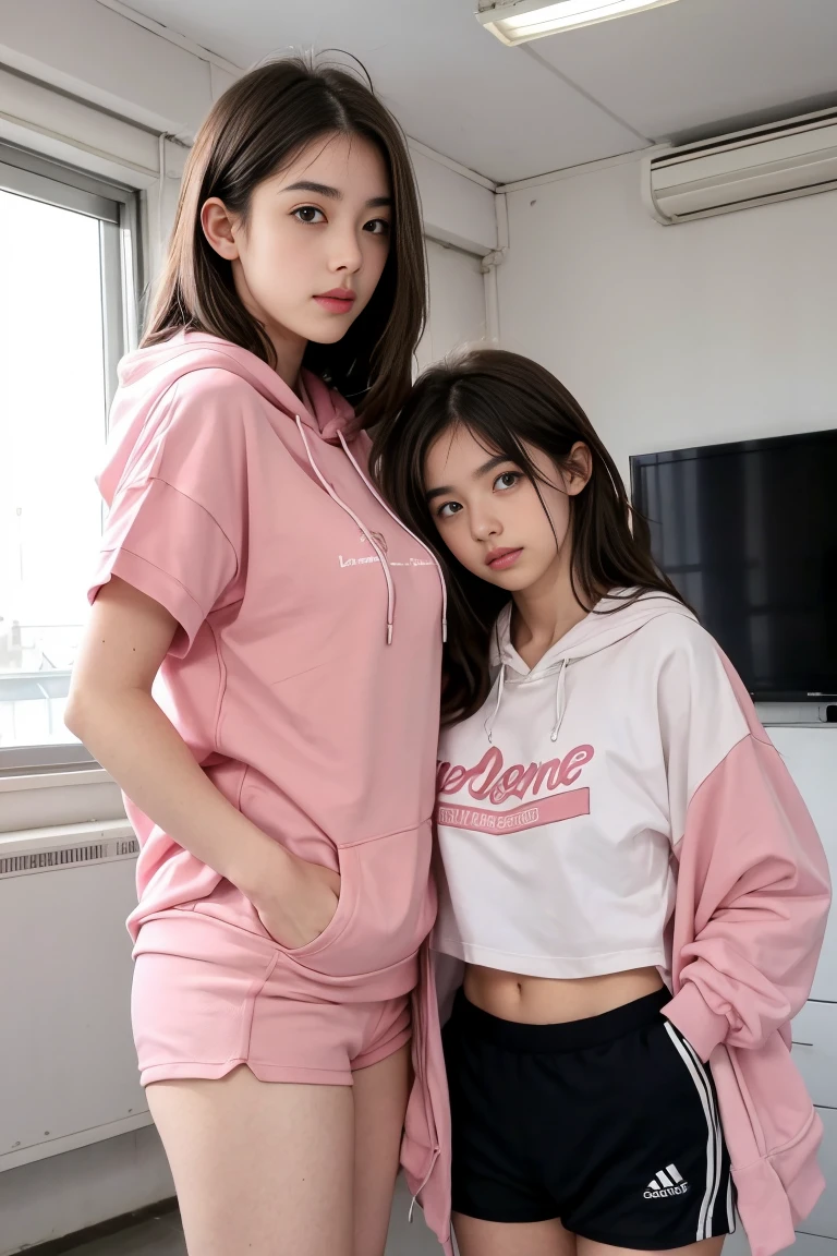 deux femmes ensemble de 18 ans sexy et mince , pink short sleeve hoodie , salle de classe, se touche,position sey,sensuel