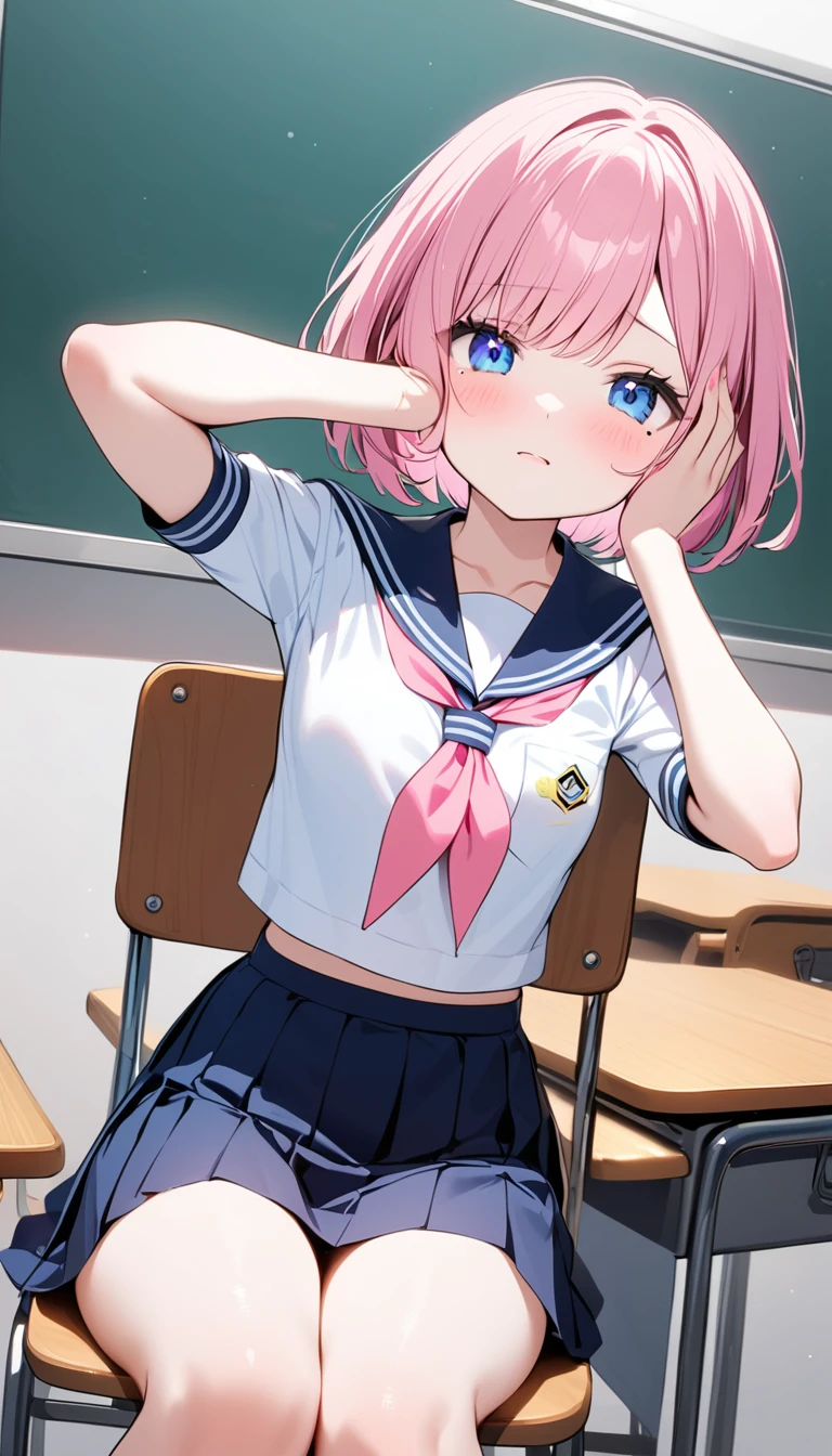 (1 girl),(Best Picture Quality, 8K, Masterpiece:1.3), (high school student:1.5), ((pink lob hair:1.1)), (bob cut),(swept bangs), (cute eyes, pupil black, iris skyblue, youthful face), (mole under right eye), (standard weight), (small breasts), (glistening skin:1.1),(pale skin:1.2), ((serafuku, white sailor short sleeve simple shirt, darkblue skirt, darkblue sailor collar, pink ribbon)),(sitting on a chair),(a class in session),((hands up,elbows on desk, face palm)),((front view:1.3)),,(looking at viewer),