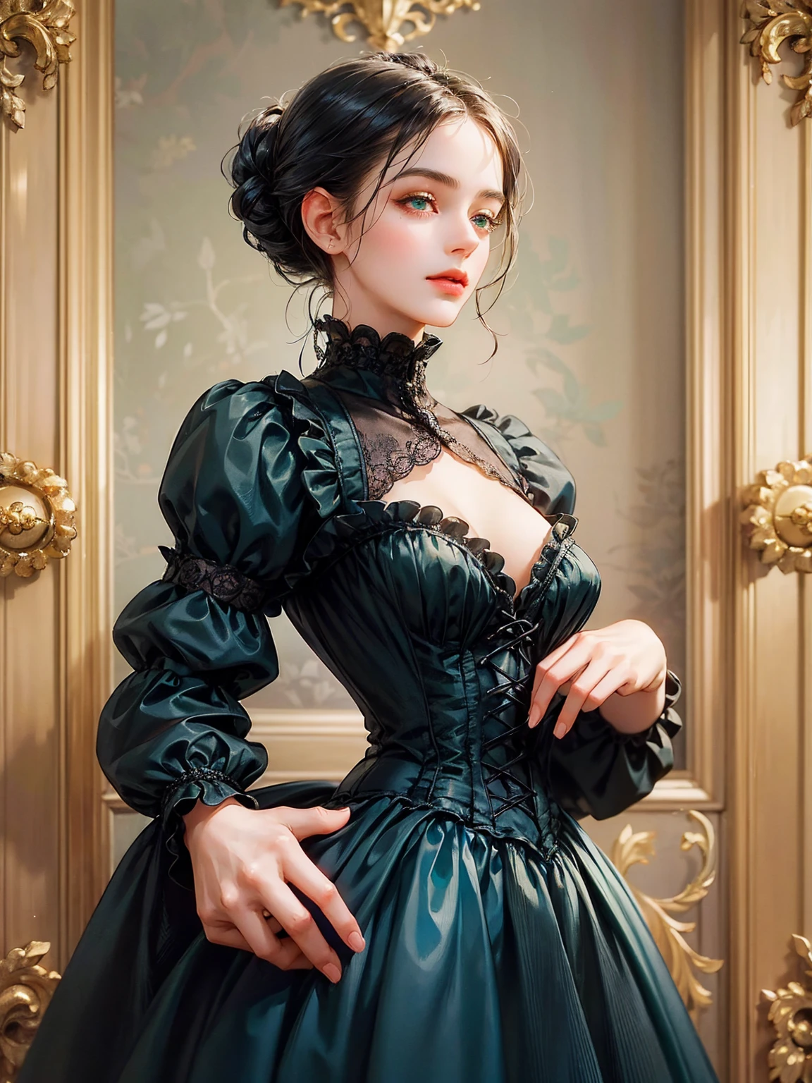 A girl, chignon black hair, small breast, green eyes. She wears a low-cut dress. She wears blue Victorian era dress. Beautiful girl, detailed eyes, detailed face, detailed hands. She looks at the viewer. Full figure. Background inside of a hall