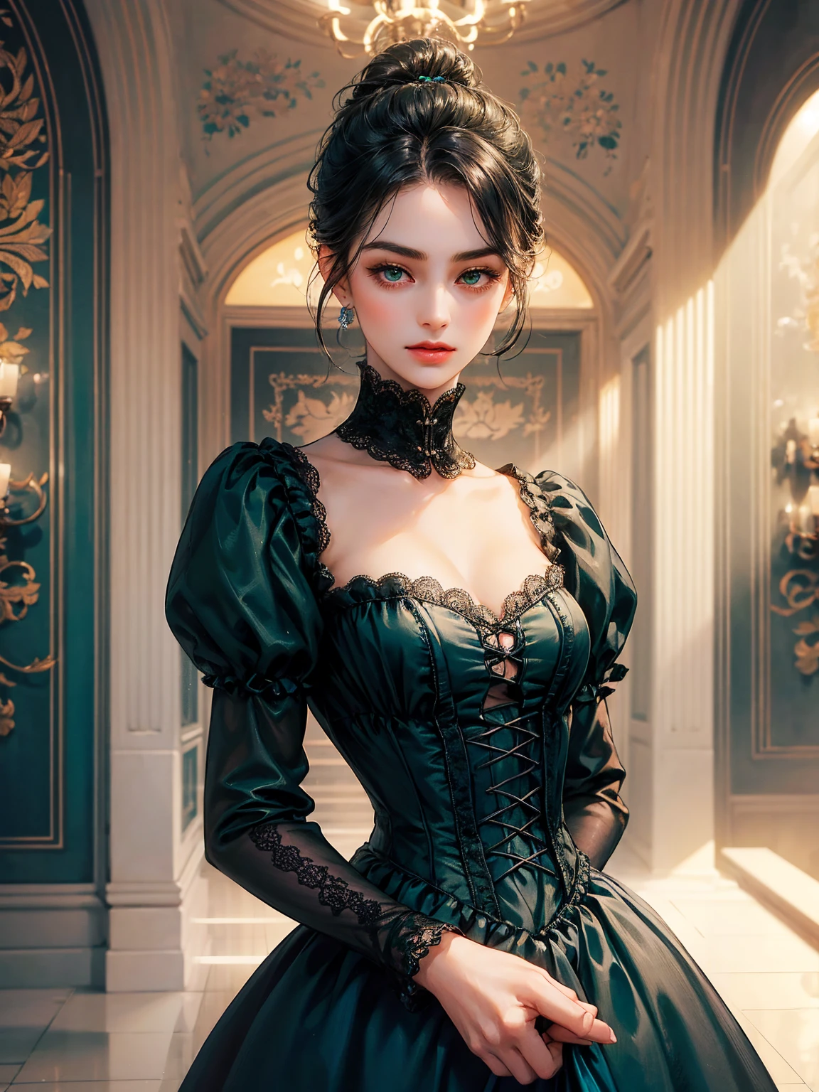 A girl, chignon black hair, small breast, green eyes. She wears a low-cut dress. She wears blue Victorian era dress. Beautiful girl, detailed eyes, detailed face, detailed hands. She looks at the viewer. Full figure. Background inside of a hall