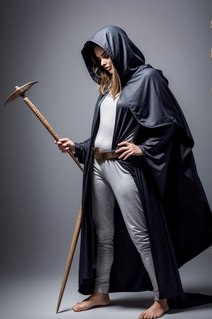 Mulher virado standing backwards e corpo inteiro com manto de mago, wizard vestes, with magic stick in hand, hooded cloak movement, old wizard cloak, standing backwards, White background, virado standing backwards