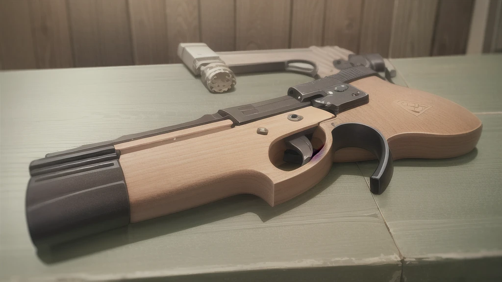 gun on table, wooden table, detail on gun, 9mm gun