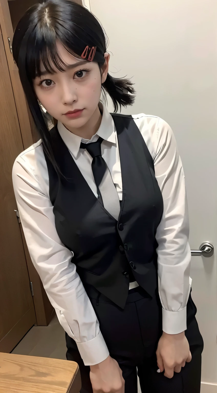 Highest quality、Ultra-high resolution、Professional Lighting、Detailed Background、workroom、whole body,Kobeni-chan、A sloppy smile、25-year-old woman、beautiful girl、(Kobeni-chan、Jet Black Hair, Black Hair, bangs, One-sided hair,)、(Red Hair Clip:1.1)、(White sleeveless shirt:1.2)+(Black tie:1.2)+(Black work trousers:1.2)、(Breasts so big that they almost burst:1.2)、(Thick thighs:1.1)、Troubled face、Confused Eyes、Raise your arms to show your sides、Are standing、I rode it a lot