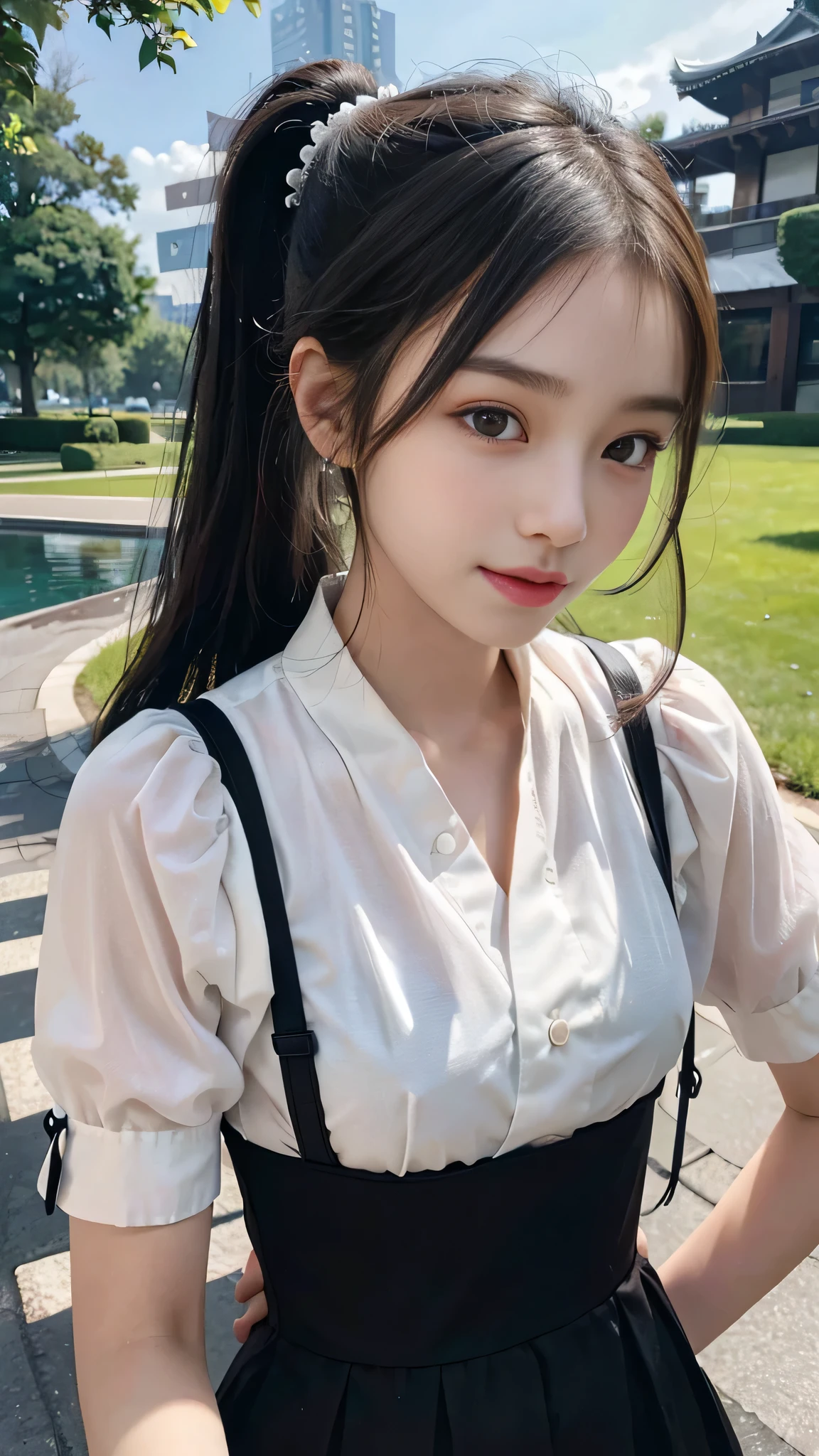 collared dress,european city park,On the lawn,One woman,masutepiece, The highest image quality, High quality, the background is clear,Beautiful woman, Japanese,Ultra-detailed, finely detail, hight resolution, 8K Wallpaper, Perfect dynamic composition, Beautiful detailed eyes , Detailed, Detailed eyes, Detailed skin, Beautiful skin, 超hight resolution, (reality: 1.4),Very beautiful woman, Slightly younger face, Beautiful skin, slender, (Ultra photo realsisim), (hight resolution), (8K), (Very detailed) (beautifully detailed eyes), (super detailed), (Detailed face), view the viewer, Fine details, Detailed face, Staring straight ahead, Staring straight ahead, photos realistic, Bright lighting, Professional Lighting, Black hair,poneyTail,a baby face,sixteen years old,Hairstyle: ponytail,Long ponytail hairstyle,slight smile,neat and tidy clothing,Beautiful Japanese KPOP idol photo, hair style is ponytail, my eyes are double and wide, baby face, smile and look straight ahead, slender, small breasts,Close up face,