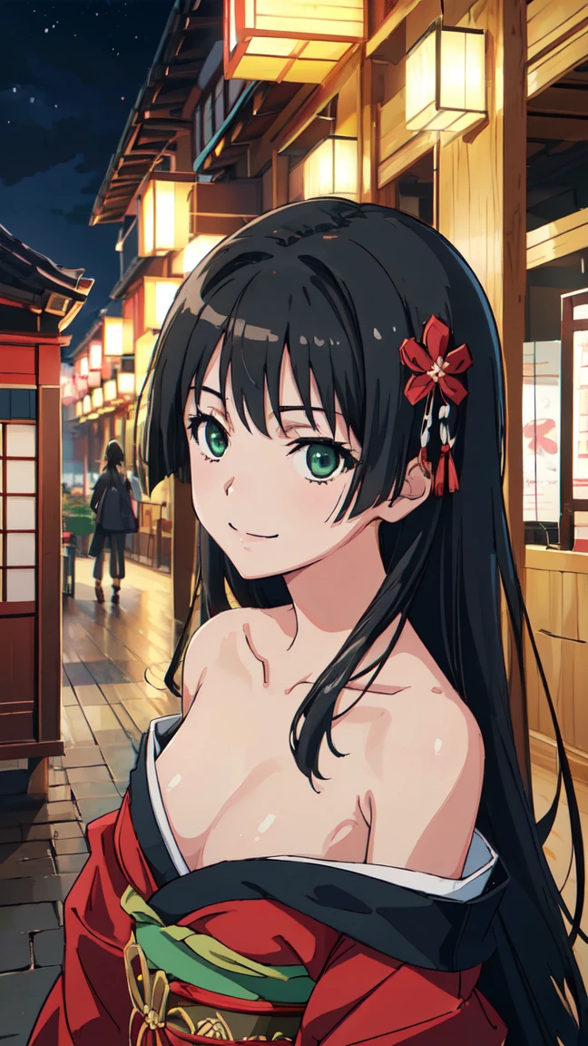 (High resolution:1.4), (masutepiece:1.2), (High quality:1.3) 1girl, saten ruiko, green eyes, long hair, black hair, small breast, Oiran fashion, cinematic lighting, pov, dynamic angle, off shoulder, smile, nsfw, Japanese-style room at night