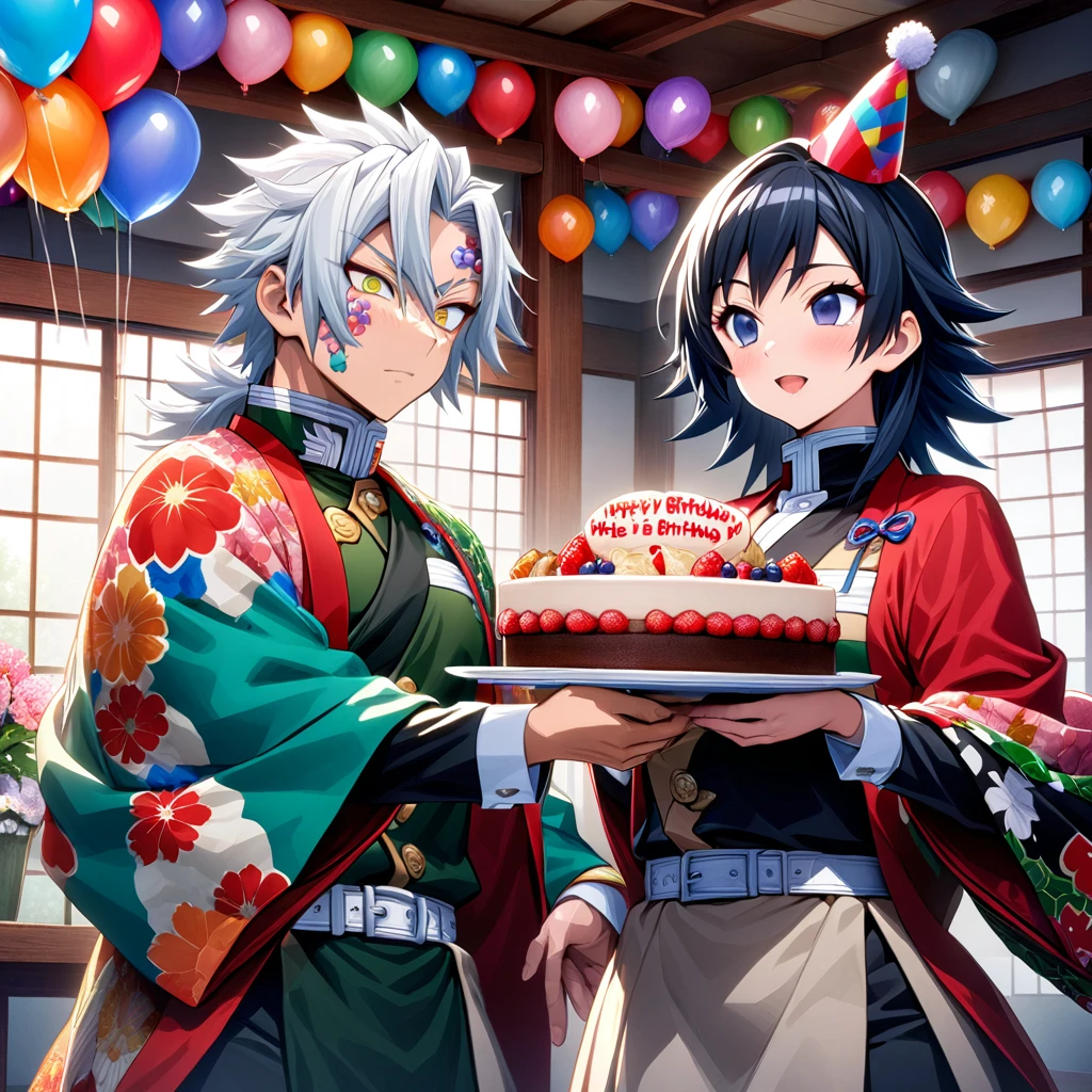 Ultra detailed, high resolution, absurd, HDR, masterpiece, anime man and woman, beautiful woman (with long white hair with deep red highlights, woman (with yellow eyes), haori, wearing anime uniform demon slayer corps, Kimetsu No Yaiba, the woman is holding a birthday cake, everyone is wearing a birthday hat, balloons on the ceiling, sweets, handsome Tomioka Giyu, Hashira, Sanemi Shinazugawa, Uzui Tengen, party, birthday hats, Japanese house, best quality, extremely detailed face, anime, it’s the brother’s birthday of the white hair woman, her brother have withe hair and red eyes