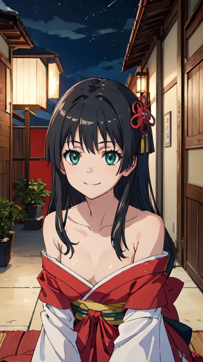  (High resolution:1.4), (masutepiece:1.2), (High quality:1.3) 1girl, saten ruiko, green eyes, long hair, black hair, small breast, Oiran fashion, cinematic lighting,  pov, dynamic angle, off shoulder, smile, nsfw, Japanese-style room at night