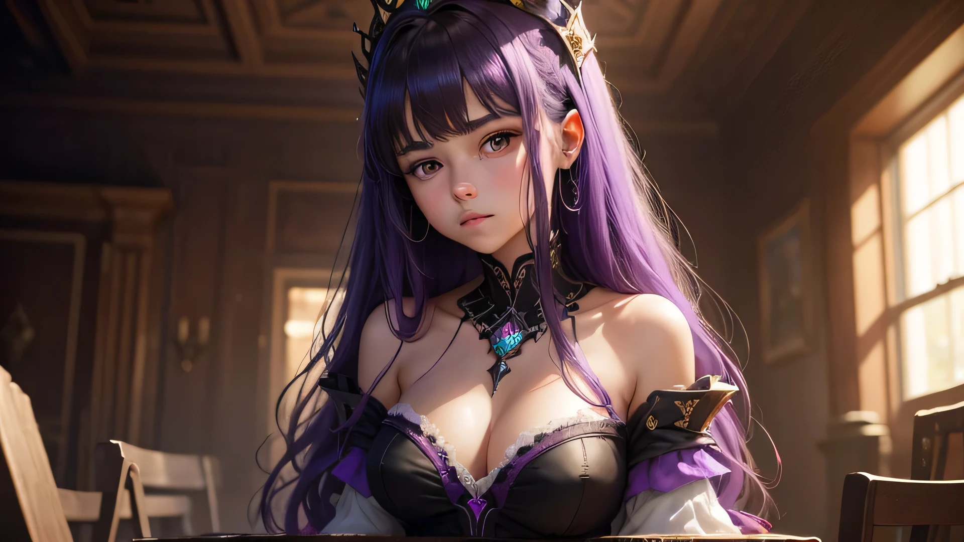 Zerg Queen Beautiful Girl: Lanlinger 18 years old, black messy hair, oil painting, beautiful perfect face, soft skin, perfect face, light violet and violet added, light red added, Complex details, start screen, 8k resolution, masterpiece, cute face, mysterious magical background, sitting timidly at a table, wearing a purple dress, in a dark room, with a worried look