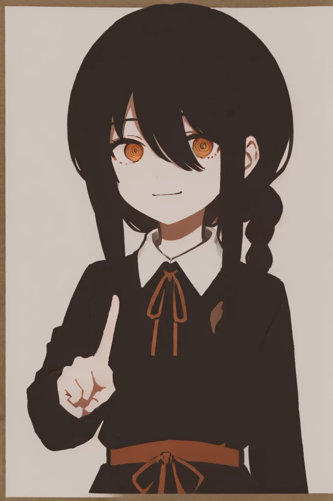 1 girl, solo, Nayuta (chainsaw man), black hair, x hair ornament, long hair, hair ornament, orange eyes, looking at viewer, long sleeves, dress, uniform, smile, ribbon hair, closed mouth, black shirt, hair between the eyes, traditional media, (pointing the middle finger)