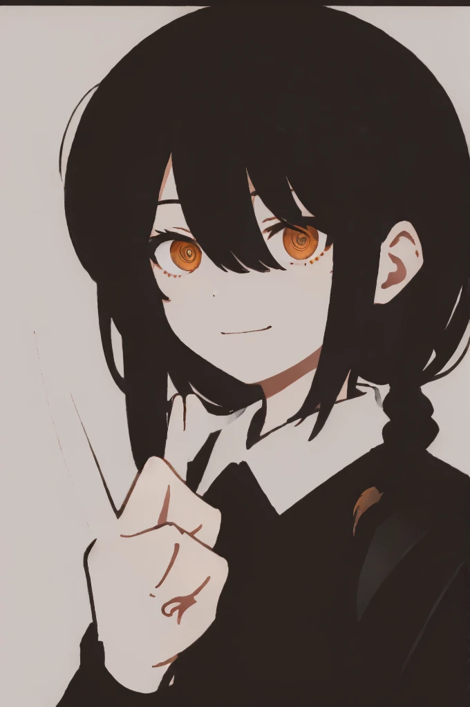 1 girl, solo, Nayuta (chainsaw man), black hair, x hair ornament, long hair, hair ornament, orange eyes, looking at viewer, long sleeves, dress, uniform, smile, ribbon hair, closed mouth, black shirt, hair between the eyes, traditional media, (pointing the middle finger)