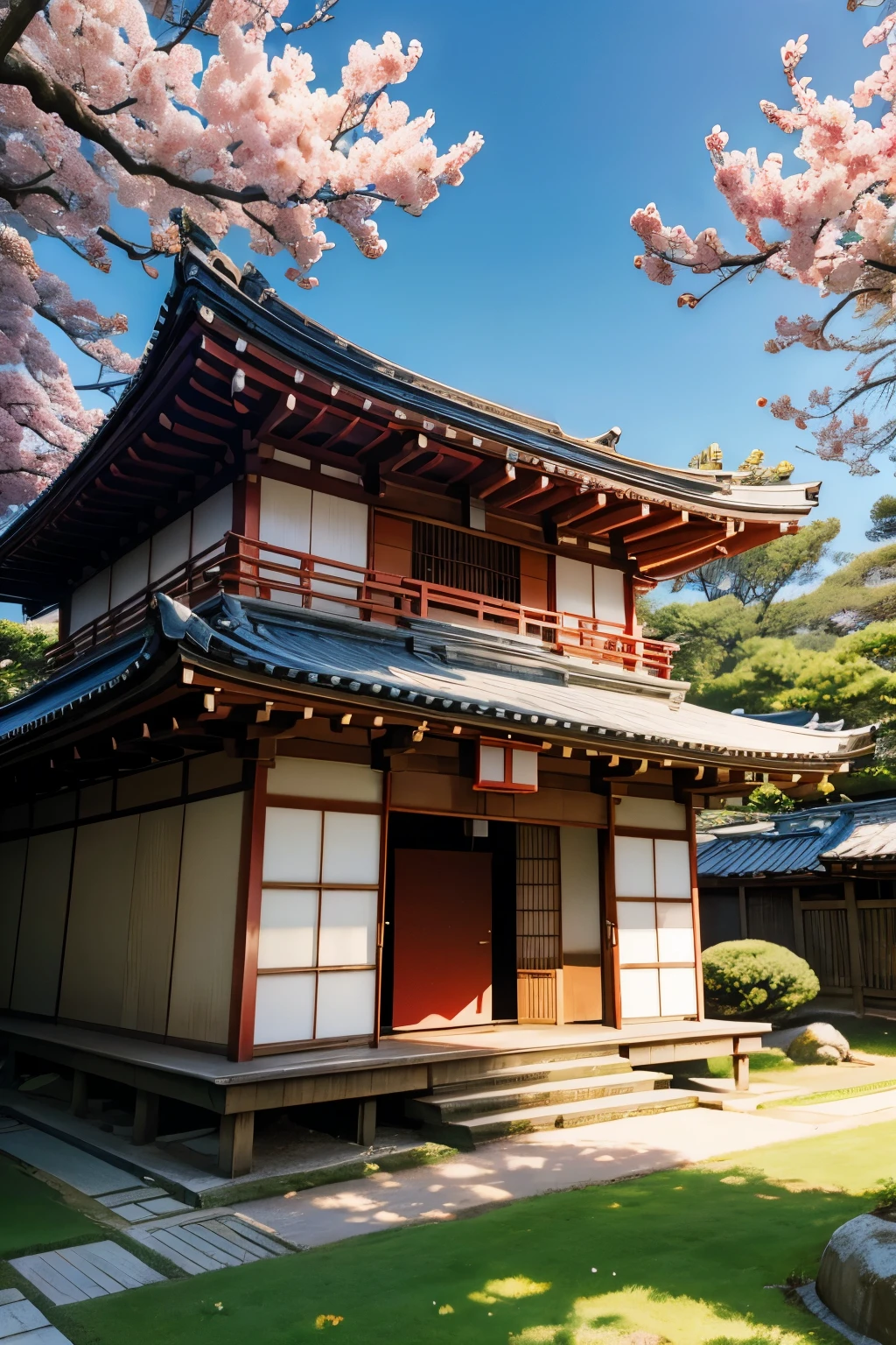 Japanese scenery with red flowers in full bloom,blue sky,Blowing on the grass,Traditional Japanese house in the background,Samurai training in the field