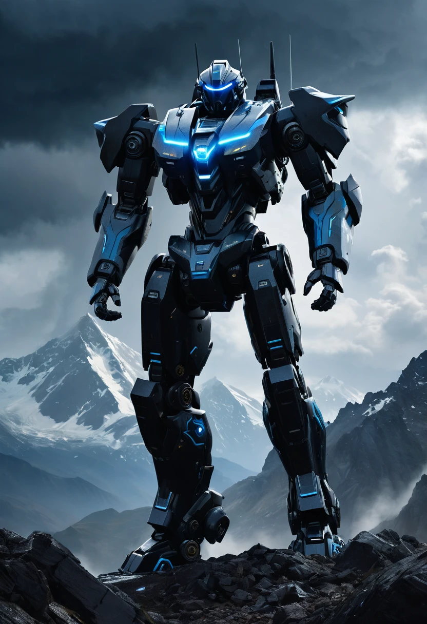 A towering, bipedal mech suit looms against a backdrop of jagged mountains and swirling storm clouds. Its matte black armor gleams with a faint electric blue aura, hinting at its advanced shielding technology