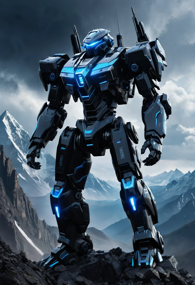 A towering, bipedal mech suit looms against a backdrop of jagged mountains and swirling storm clouds. Its matte black armor gleams with a faint electric blue aura, hinting at its advanced shielding technology
