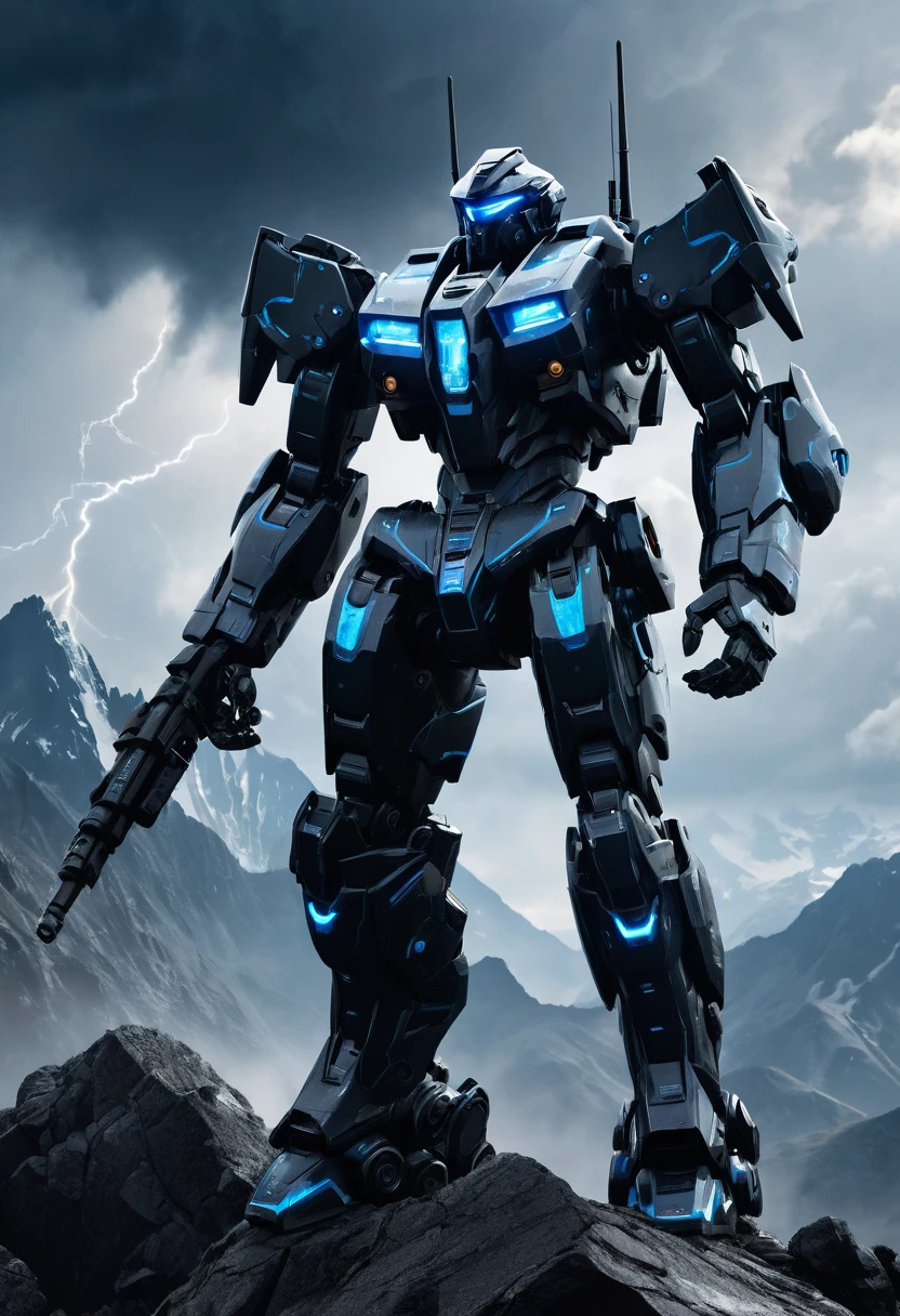A towering, bipedal mech suit looms against a backdrop of jagged mountains and swirling storm clouds. Its matte black armor gleams with a faint electric blue aura, hinting at its advanced shielding technology