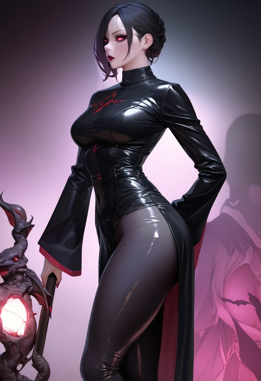 1 mature and seductive woman,(Detailed Description,Incredibly absurd,High resolution,8k wallpaper,masterpiece,Highest quality,Depth of region,Anatomically accurate depiction,A face with attention to detail, Eye for detail),(Glowing Skin,Shiny skin,Oilskin),((Succubus disguised as a priest)),(Solemn Clerical Garments,Staff,Devil&#39;s Wingsのアクセサリー),eyelash,(Luminous purple eyes,Eyes of Madness,There is cleavage in the chest,Bewitching Smile,Glossy lipstick,Seductive gestures),Sweat,(whole body),(background:A magnificent church with stained glass),Pink light,Devil&#39;s Wings