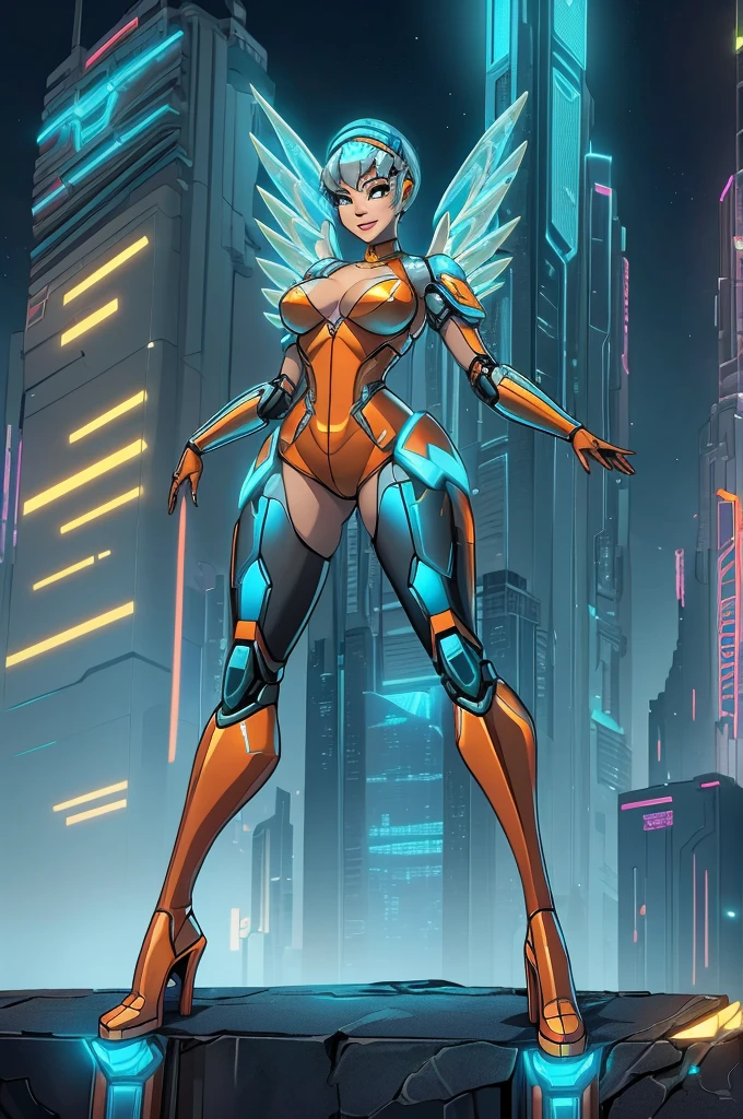 Woman in a futuristic suit standing in a futuristic city, Girl wearing mecha cyber armor, (Mechanized Valkyrie Girl), (Beautiful cyborg angel girl), Cyberpunk Girl Mecha, Unreal Engine Rendering + goddess, Cyberpunk Girl, Medium chest、smile、(top-down bottom-up), full body, high heels.