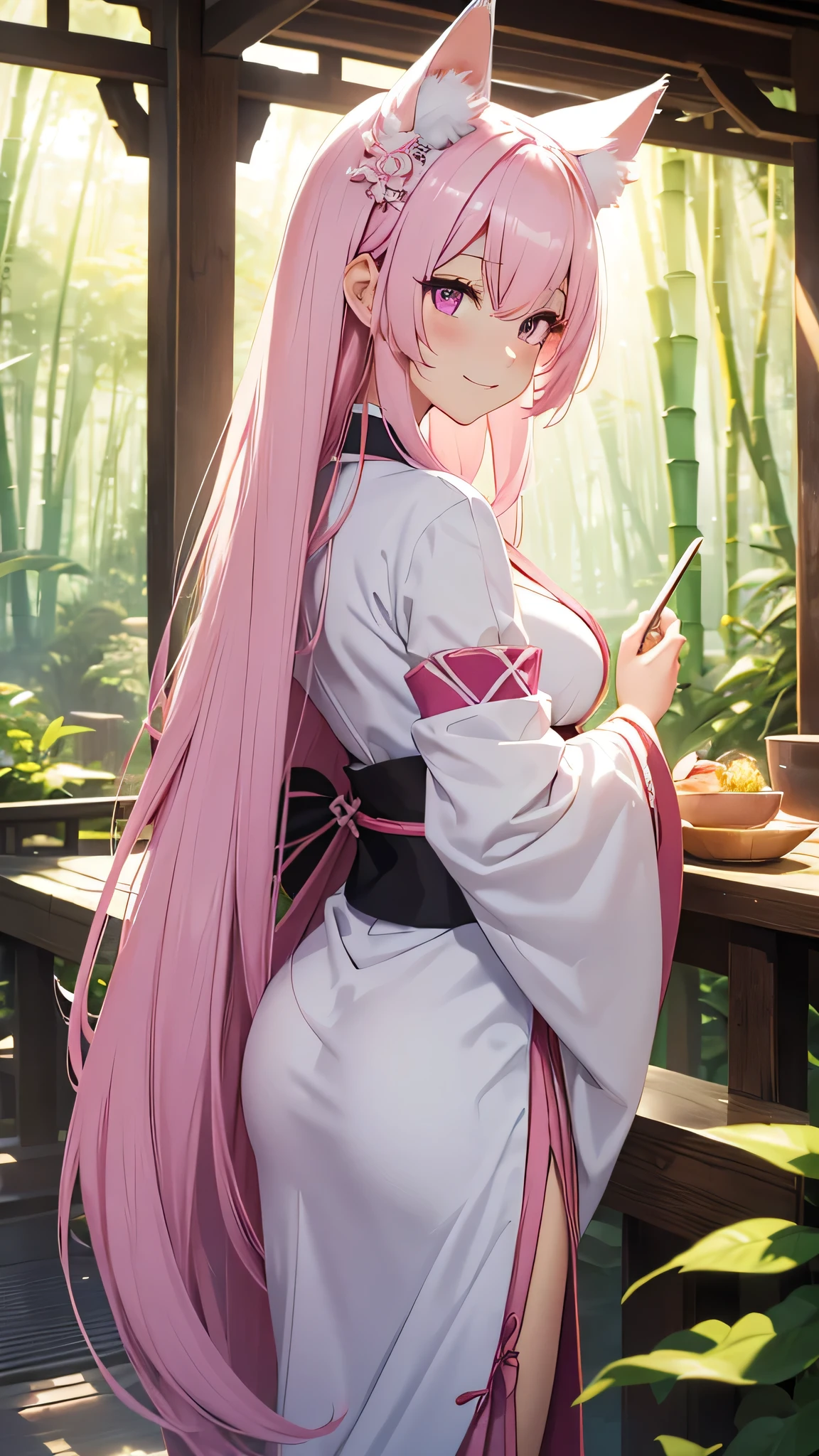 bamboo_forests,kimono white, detached sleeves,pink_fox _ears,pink_coyote_tail(soft),pink_hair(very long),dark_purple_eyes,(genshin impact)_(yae miko),1_beautiful_girl,cute_face,beautiful,best_quality,good_anatomy ,large breasts ,smirk, japnese fan,looking from back