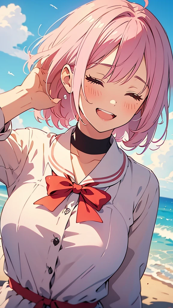 (High quality:1.4),(best quality:1.4),(masterpiece:1.4),(busty breasts:1.2),(beautiful face:1.3),(beautiful woman:1.3),(pale pink hair:1.4),medium hair,a mole around the mouth,(enjoy:1.6), (burst into laughter:1.4), (squinting:1.4),,beige sweater,close-up,(closed eyes:1.2),a bow tie