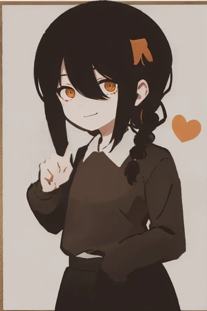 1 girl, solo, Nayuta (chainsaw man), black hair, x hair ornament, long hair, hair ornament, orange eyes, looking at viewer, long sleeves, dress, uniform, smile, ribbon hair, closed mouth, shirt black, hair between eyes, traditional media, (giving the half a finger)
