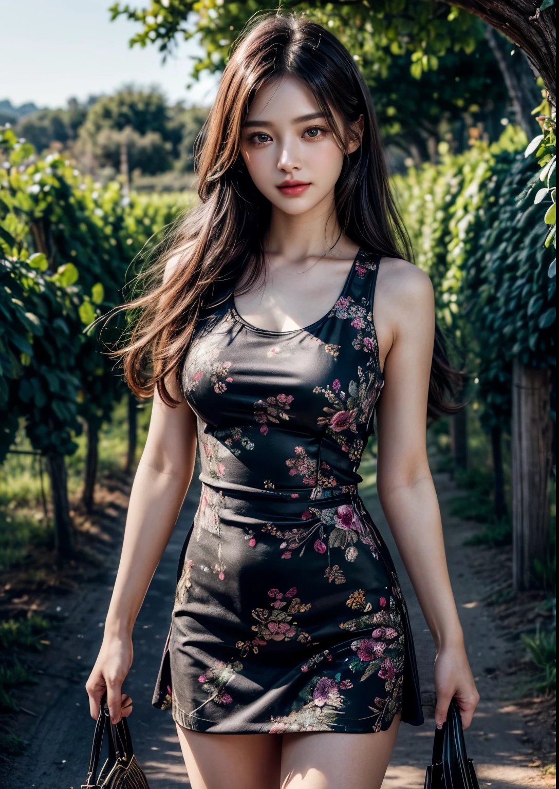 a beautiful Korean young Office girl, (((18 years young girl))), detailed face with beautiful eyes and lips, long black hair, stylish hair, hair pin, romantic Eyes, beautiful eyes, smiley face, happy face, glow face, super round young breasts, glow skin, bright skin, realistic skin, realistic smile, cutest smile, realistic body, ((green Glitter above knee length Floral Print Slim-Fit Mini Tank Dress)), ((ultra detailed Floral Print Slim-Fit Mini Tank Dress)), detailed dress, stylish dress, stylish uniform, High resolution dress quality, stylish look, stylish angle, standing in a black Merlot grape vine orchard, surrounded by ripe black grapes, beautiful ripe orchards, detailed ripe black Merlot grapes, wine and Merlot grapes, black Merlot grape trees, detailed grapes, detailed grape trees, black grape ripe Italy, Italian black grape ripe forming fields, black grape ripe forming, detailed black grape ripe forming harvest, one hand playing with her hair angle, photorealistic, realistic, masterpiece, ultra-detailed,8k, (best quality,8k,highres,masterpiece:1.2),ultra-detailed,(realistic,photorealistic,photo-realistic:1.37), highly detailed, cinematic lighting, vibrant colors, warm tones, masterpiece, highres, warm lighting, vibrant colors, soft focus, elegant, cinematic, highly detailed, professional digital art, UHD, Ultra HD, ultra realistic, hyper realistic, ultra sharp, vivid, realistic atmosphere, Beautiful rally atmosphere in background, beautiful background, detailed black grapes ripe harvest background, hyper-detailed background, cinematic photography, award winning Photography, Very High Resolution picture quality, full-body shot,