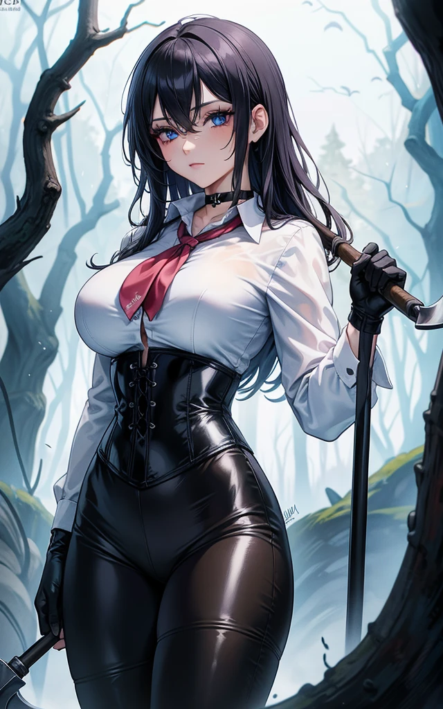 Masterpiece, Beautiful art, professional artist, 8k, art style by sciamano240, Very detailed face, Detailed clothing, detailed fabric, 1 girl, perfectly drawn body, beautiful face, black hair, long hair, blue eyes, very detailed eyes, pink cheeks, shy expression, choker:1.6, (long sleeve white collar buttoned shirt), black gloves, gloves covering hands, (holding an ax in the right hand), (black leather corset), (shiny black leggings), sensual lips , evening de invierno, show details in the eyes, view from front, looking at the viewer, walking on a path, dark forest, evening, Atmosphere, fog