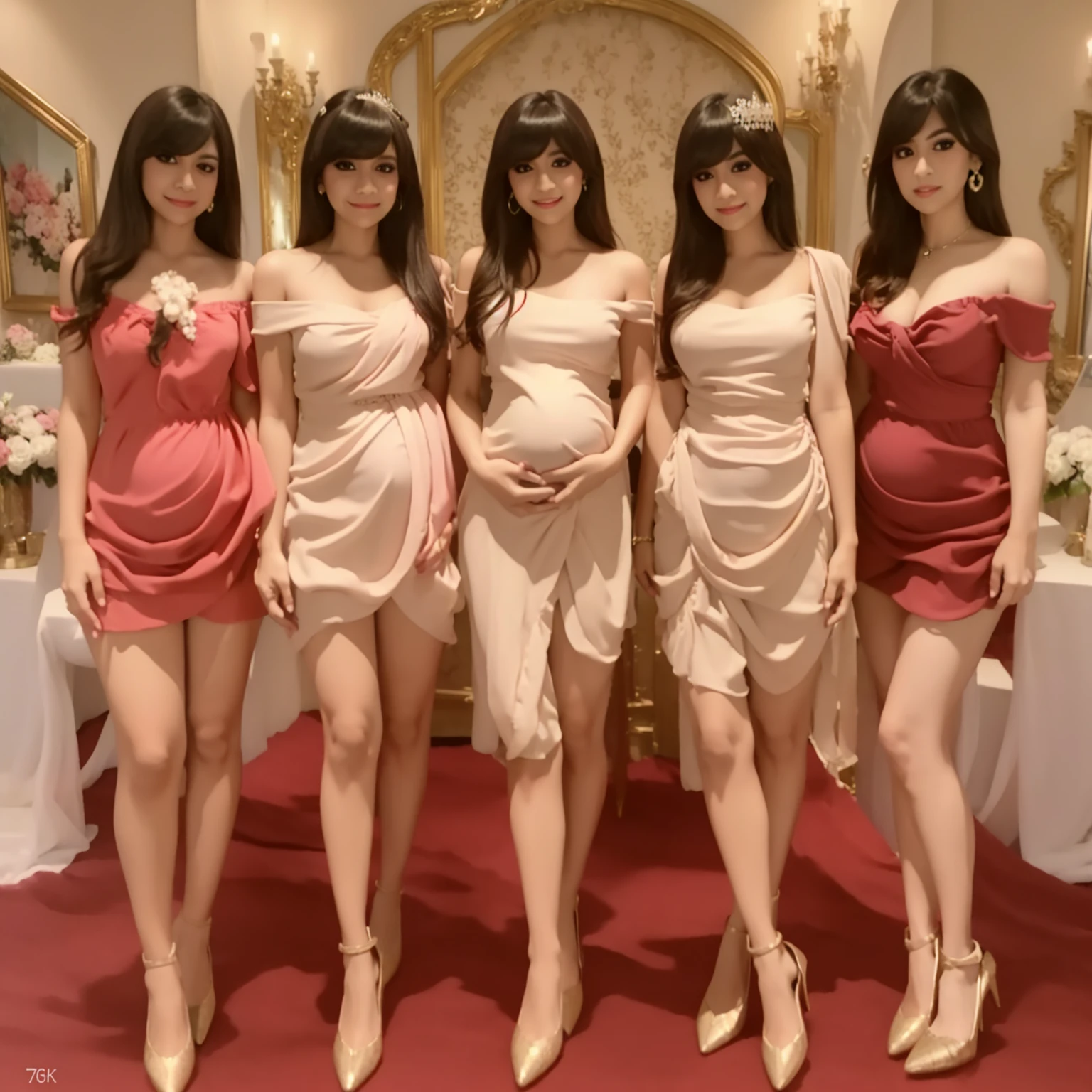 beautiful woman, little smile, friendly smile, long bangs, off shoulder, pink mini royal tight dress, pregnant, detailed face, beautiful eyes, long eyelashes, full lips, earrings, dynamic pose, photorealistic, 8k, hyperdetailed, intricate details, cinematic, highly detailed, masterpiece