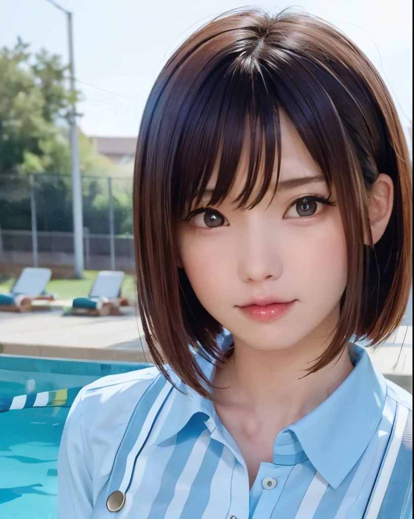 pureerosface_v1, best quality, photorealistic, 8k, high res, full color, 1girl, woman, 20 years old woman, (closed mouth:1.33), (portrait:0.6), trees, daylight, ((poolside background:1.52)), full color, ((buttoned shirt:1.88)), looking at viewer:1.8, (1girl eyes looking at viewer:1.55), (medium hair, brownihair, partedbangs:1.35), (bokeh), 