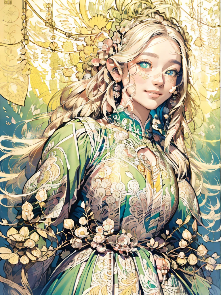 Forest Fairy、The wind and petals fly from my scooping hands.、woman、smile、Long ears、Floral Dress、Race、Gorgeous Accessories、in the forest、wood々The sunlight shines in、Close up of upper body from below、delicate、colorful、