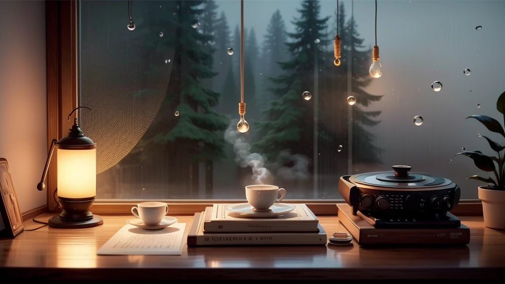 Create a lo-fi scene with a cozy, relaxed atmosphere. Imagine a small room illuminated by soft, warm lights. A turntable spins an old vinyl record, filling the room with mellow beats and gentle melodies. Outside the window, raindrops gently tap against the glass, adding a soothing rhythm to the music. The furniture is minimal and vintage, with a comfy chair and a stack of old books nearby. A steaming cup of tea sits on a wooden table, inviting you to unwind and enjoy the tranquility. Capture the essence of calm and nostalgia, blending the sounds of music and nature in perfect harmony