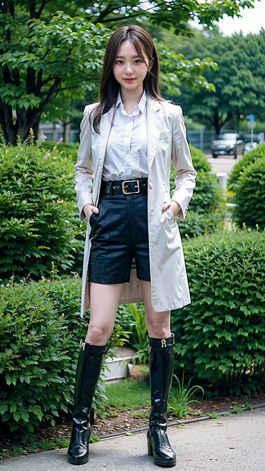 (8K、RAW Photos、Highest quality、masterpiece:1.2)、(Realistic、Realistic)、1 Girl、((Shorts、shirt、Long coat、black、Thin legs、whole body、boots、one piece、tights、garden、View from the front、smile、Looking into the camera、belt、Stand with hands on hips))、cute