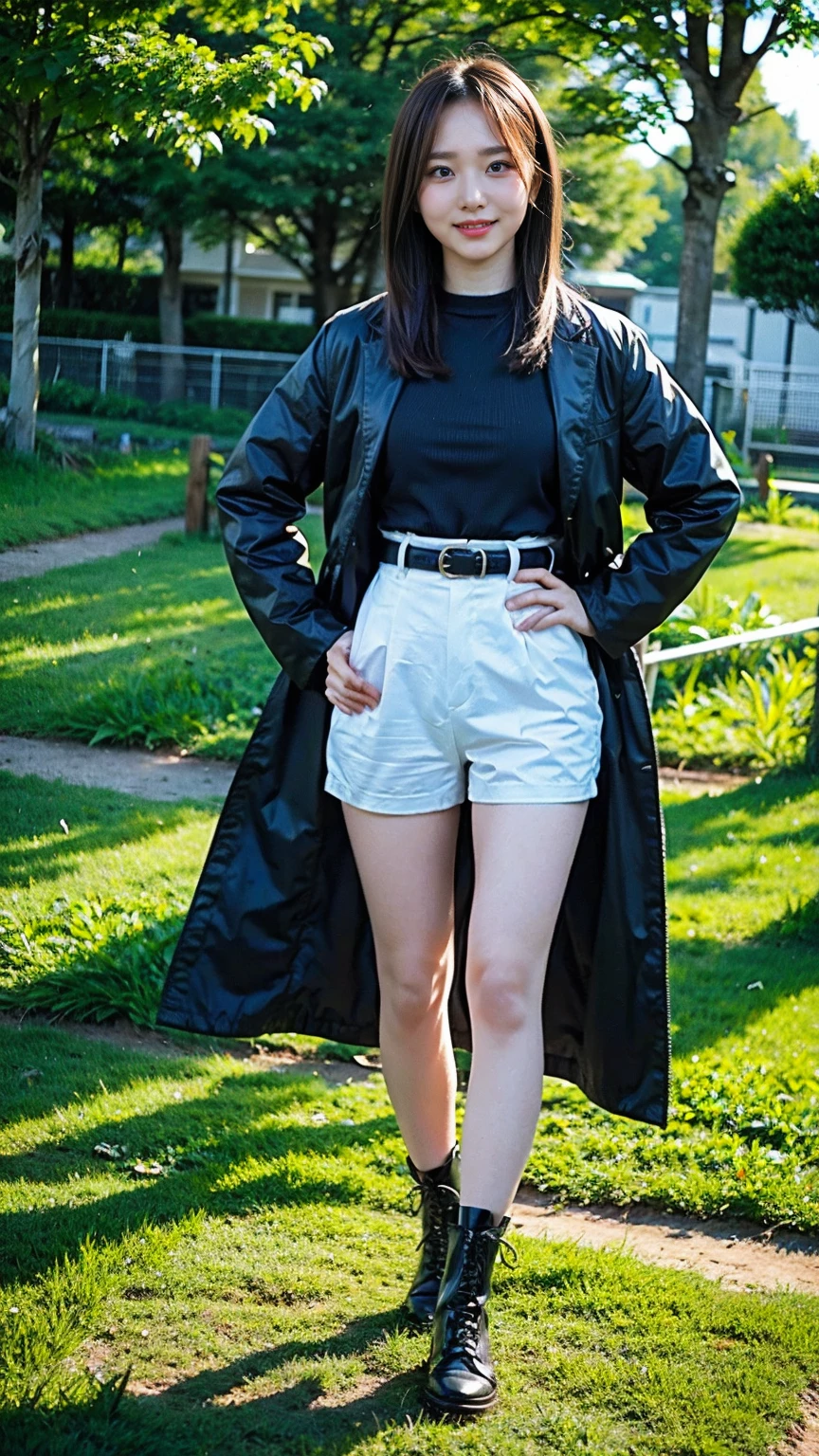 (8K、RAW Photos、Highest quality、masterpiece:1.2)、(Realistic、Realistic)、1 Girl、((Shorts、shirt、Long coat、black、Thin legs、whole body、boots、one piece、tights、garden、View from the front、smile、Looking into the camera、belt、Stand with hands on hips))、cute