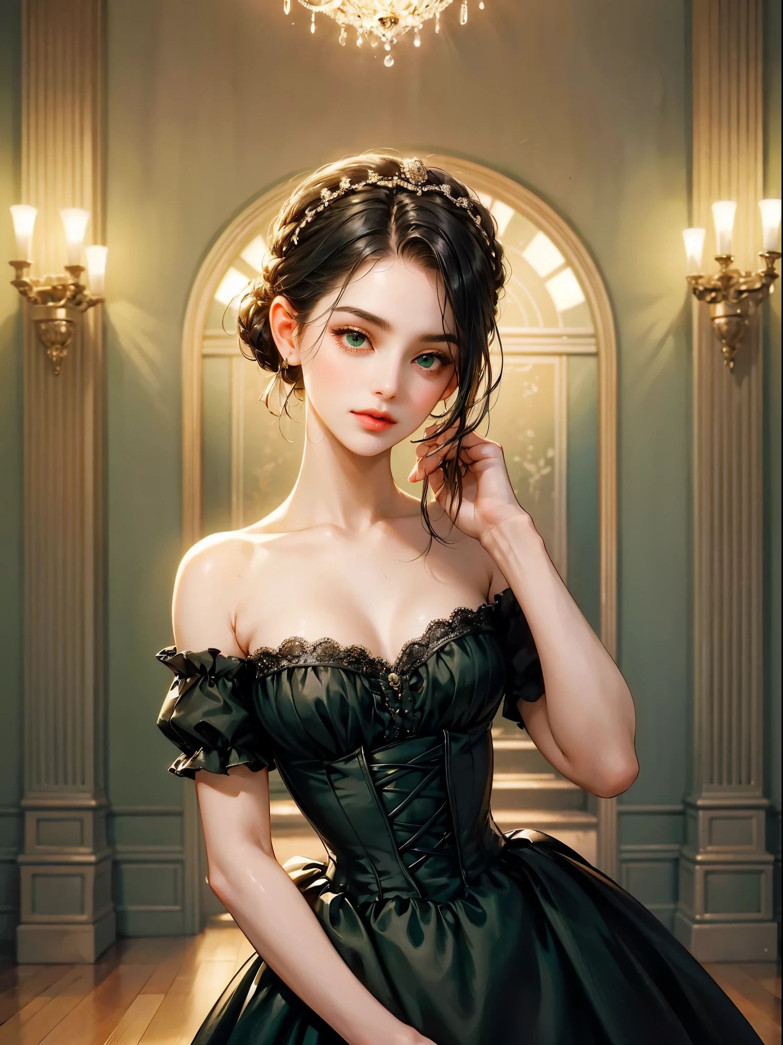 A girl, chignon black hair, small breast, green eyes. She wears a low-cut dress. She wears a Victorian era dress. Beautiful girl, detailed eyes, detailed face, detailed hands. She looks at the viewer. Full figure. Background inside of a hall