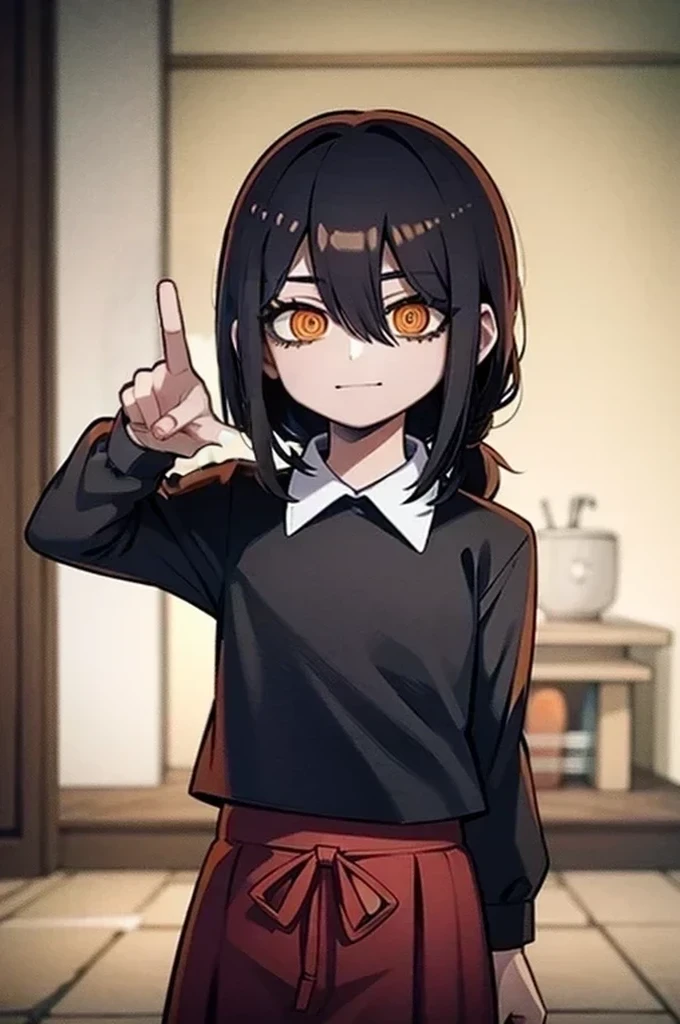 1 girl, solo, Nayuta (chainsaw man), black hair, x hair ornament, long hair, hair ornament, orange eyes, looking at viewer, long sleeves, dress, uniform, smile, ribbon hair, closed mouth, shirt black, hair between eyes, traditional media, (giving the half a finger)