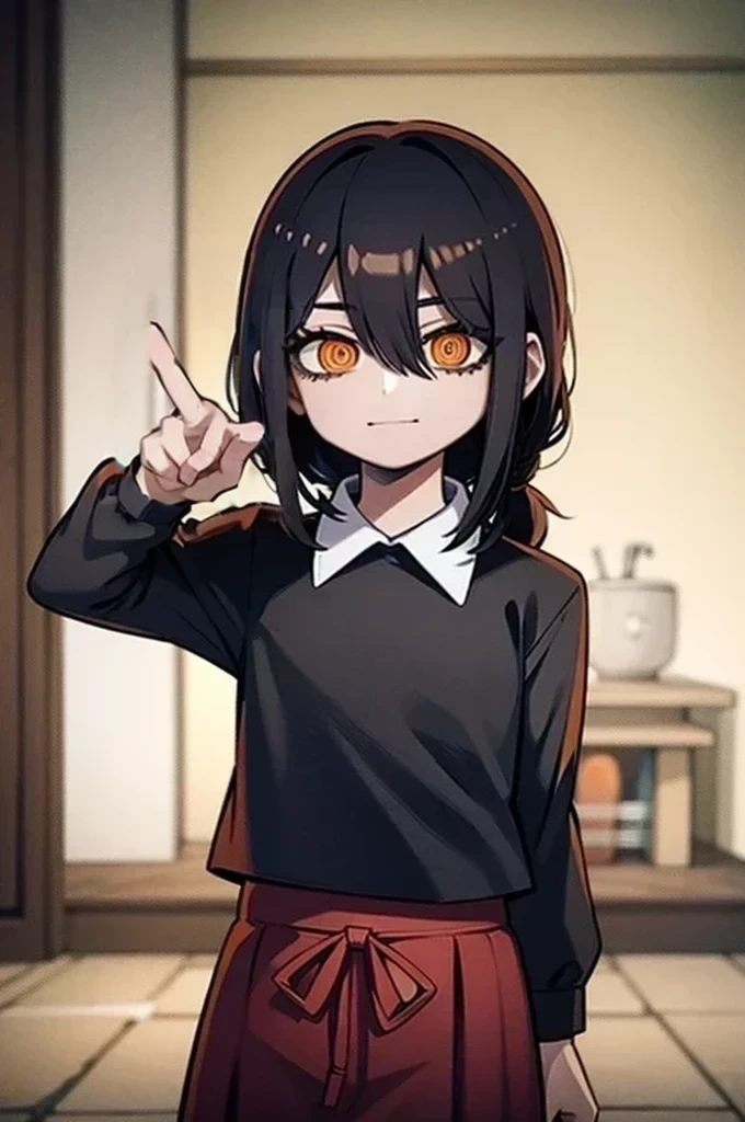 1 girl, solo, Nayuta (chainsaw man), black hair, x hair ornament, long hair, hair ornament, orange eyes, looking at viewer, long sleeves, dress, uniform, smile, ribbon hair, closed mouth, shirt black, hair between eyes, traditional media, (giving the half a finger)