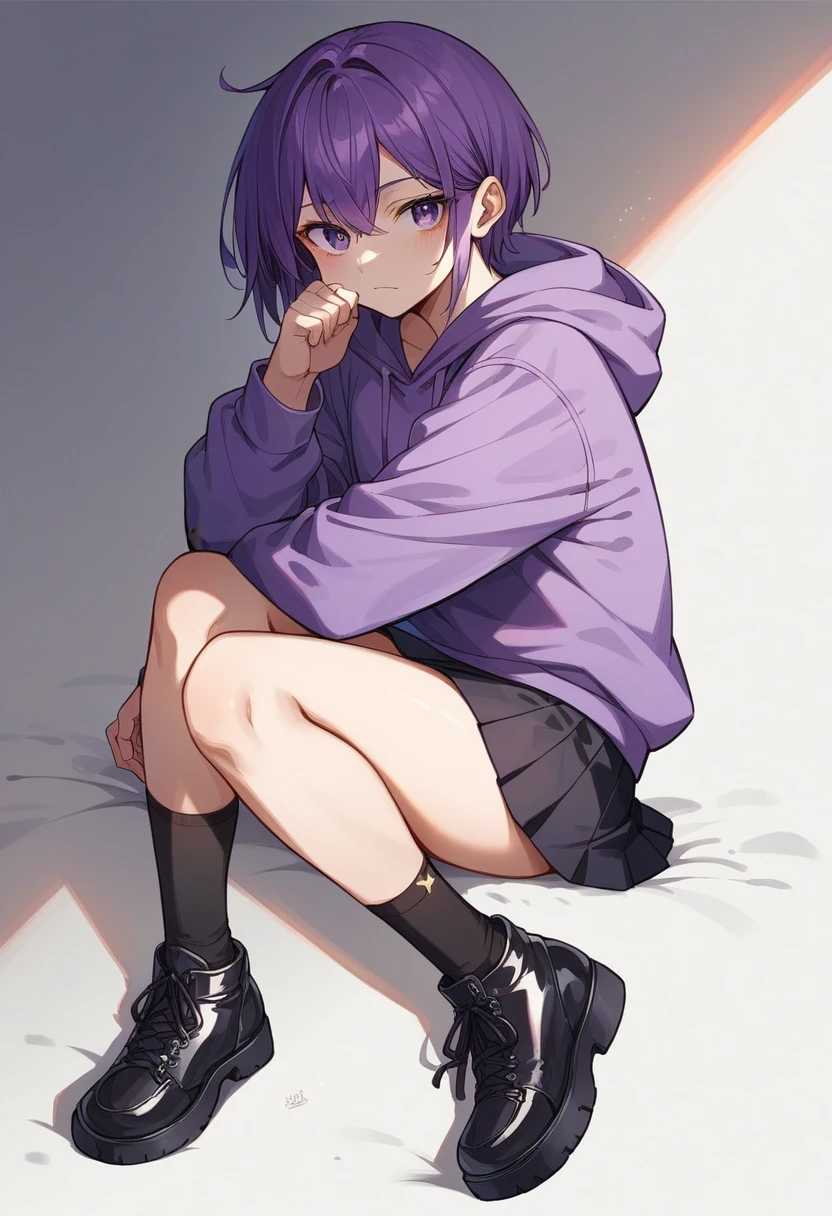 Keito。Purple hoodie。Black Skirt。Purple Eyes。Purple Hair。Black shoes下。Black shoes。