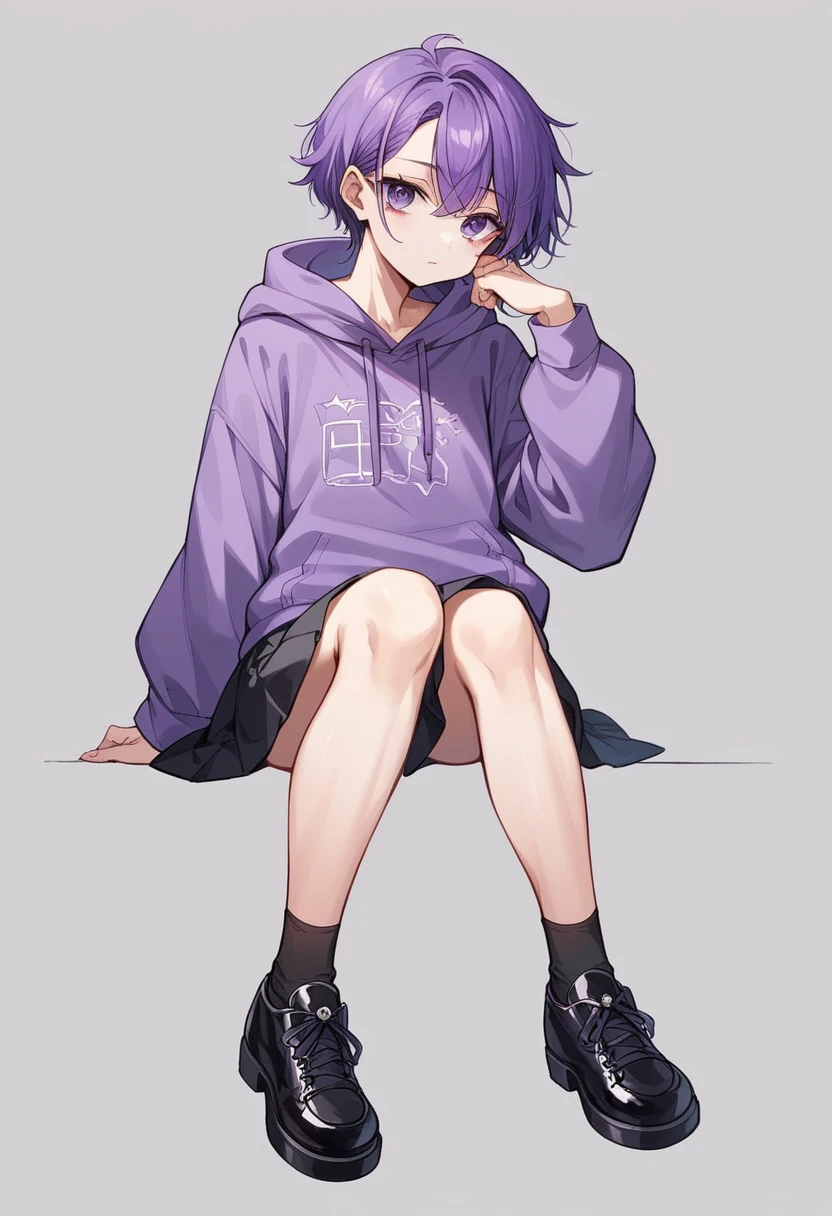 Keito。Purple hoodie。Black Skirt。Purple Eyes。Purple Hair。Black shoes下。Black shoes。