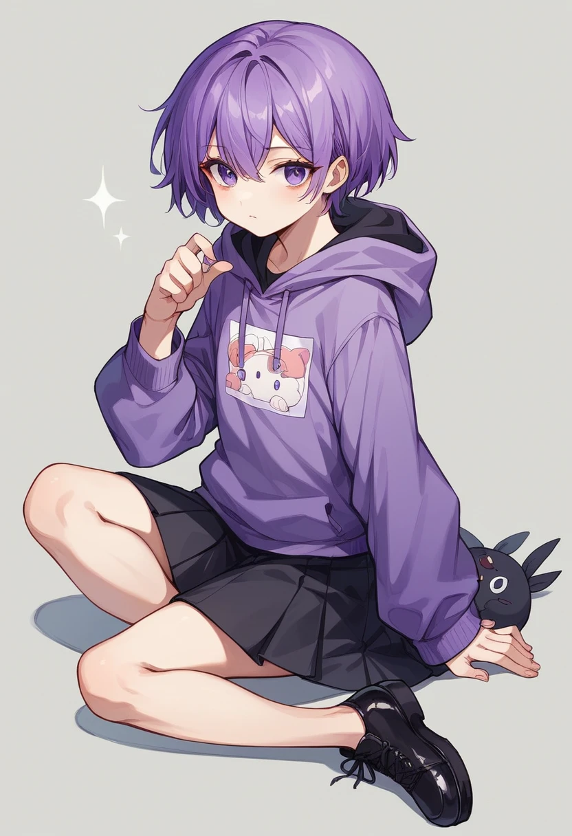 Keito。Purple hoodie。Black Skirt。Purple Eyes。Purple Hair。Black shoes下。Black shoes。