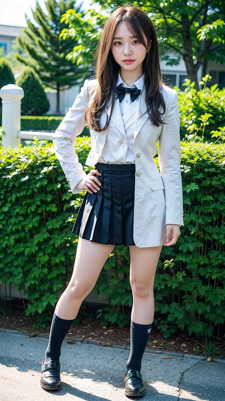(8K、RAW Photos、Highest quality、masterpiece:1.2)、(Realistic、Realistic)、1 Girl、((blackチェックミニスカート、High school uniform、blazer、Navy Socks、loafers、Medium Hair、black、Thin legs、garden、View from the front、Looking into the camera、Stand with hands on hips))、cute