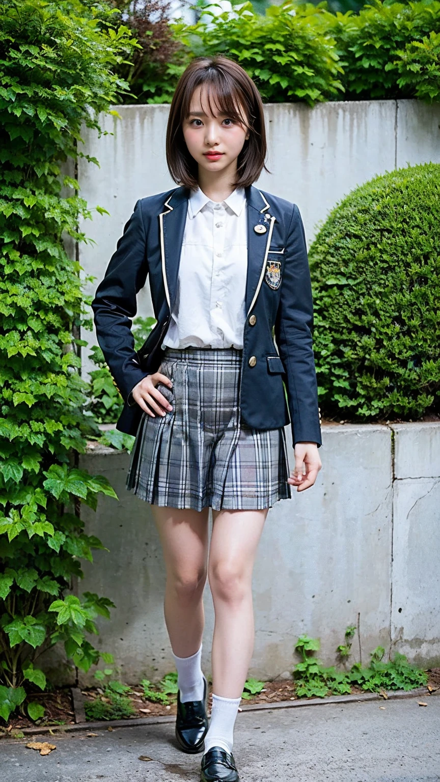 (8K、RAW Photos、Highest quality、masterpiece:1.2)、(Realistic、Realistic)、1 Girl、((blackチェックミニスカート、High school uniform、blazer、Navy Socks、loafers、Medium Hair、black、Thin legs、garden、View from the front、Looking into the camera、Stand with hands on hips))、cute
