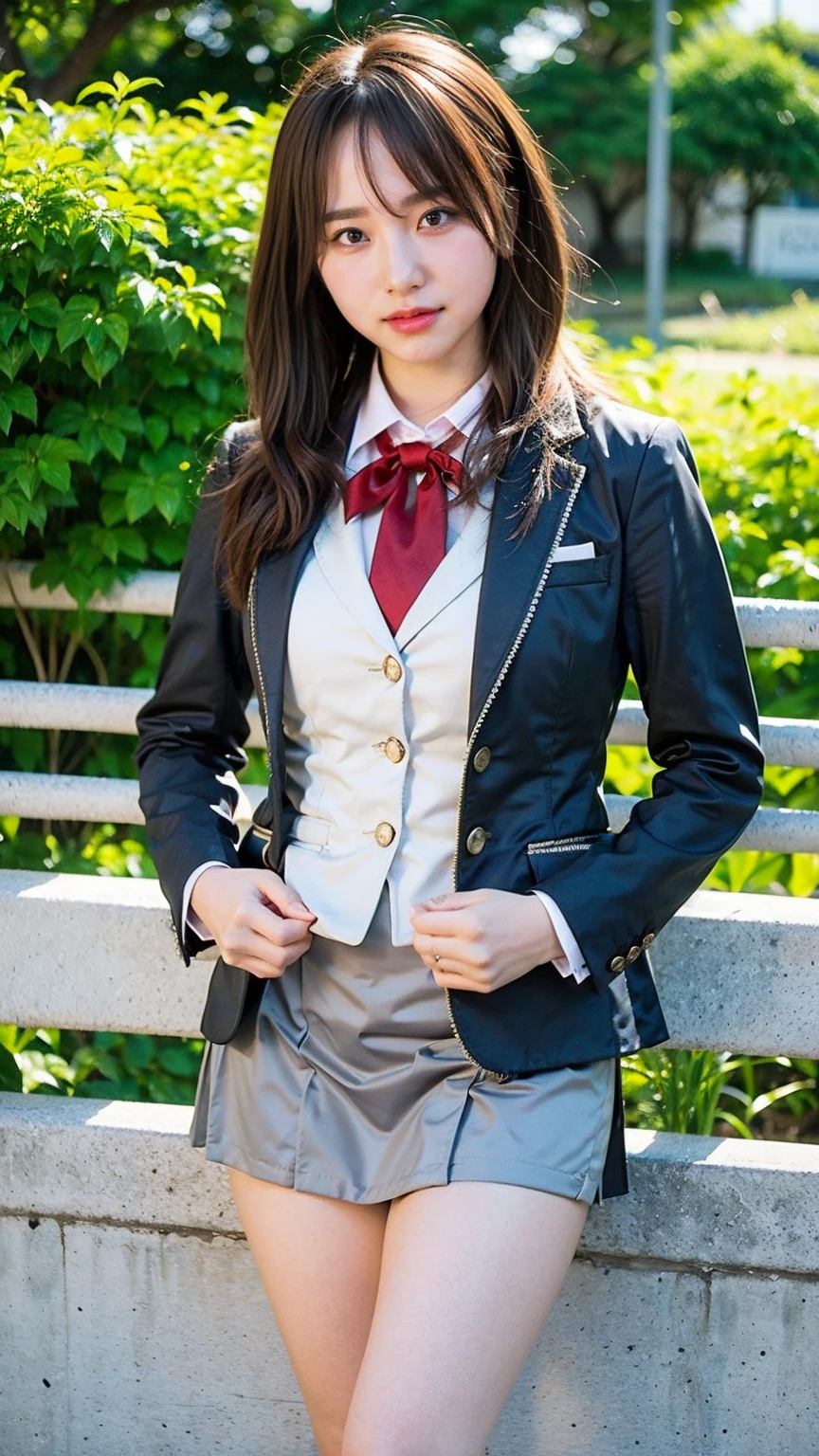 (8K、RAW Photos、Highest quality、masterpiece:1.2)、(Realistic、Realistic)、1 Girl、((blackチェックミニスカート、High school uniform、blazer、Navy Socks、loafers、Medium Hair、black、Thin legs、garden、View from the front、Looking into the camera、Stand with hands on hips))、cute