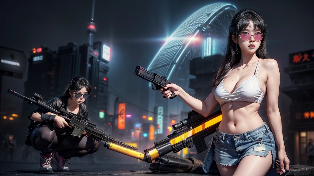 8k, Realistic Skin Texture, Realistic Photo, Neo Tokyo, slim Japanese women, large-breast:1.3 cleavage:1.2, AD2050 at night, Dirty hunting jacket, Wearing tube top, miniskirt, (((black sunglasses, automatic rifle, sneakers, cold, shooting pose, low angle view))), Innovative composition, revenge, cyberpunk, blade runner worldview, Large neon sign, Geisha hologram sign, Strong Wakamoto Sign.