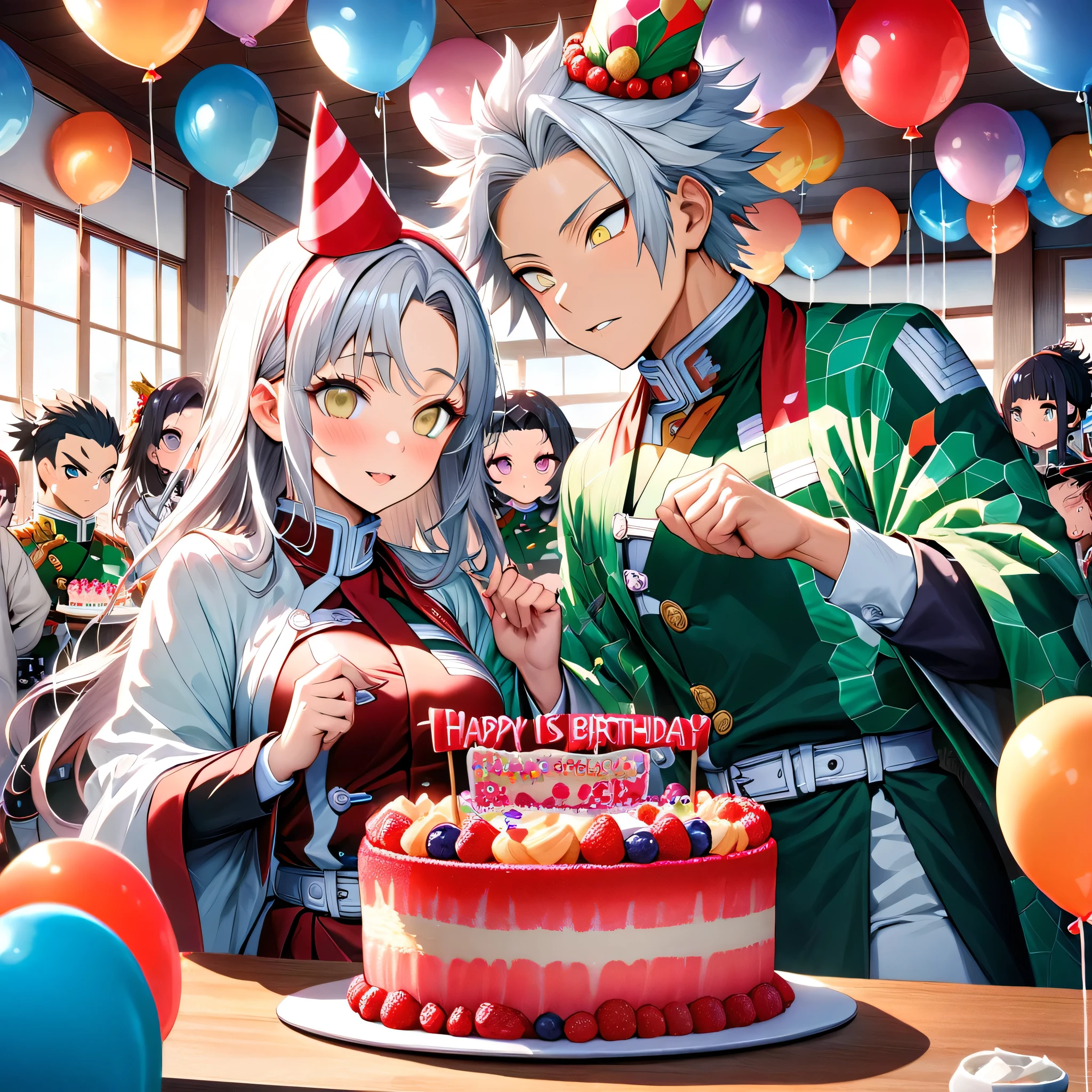 Ultra detailed, high resolution, absurd, HDR, masterpiece, anime man and woman, beautiful woman (with long white hair with deep red highlights, woman (with yellow eyes), haori, wearing anime uniform demon slayer corps, Kimetsu No Yaiba, the woman is holding a birthday cake, everyone is wearing a birthday hat, balloons on the ceiling, sweets, handsome Tomioka Giyu, Hashira, Sanemi Shinazugawa, Uzui Tengen, party, birthday hats, Japanese house, best quality, extremely detailed face, anime, it’s the birthday of the white hair woman