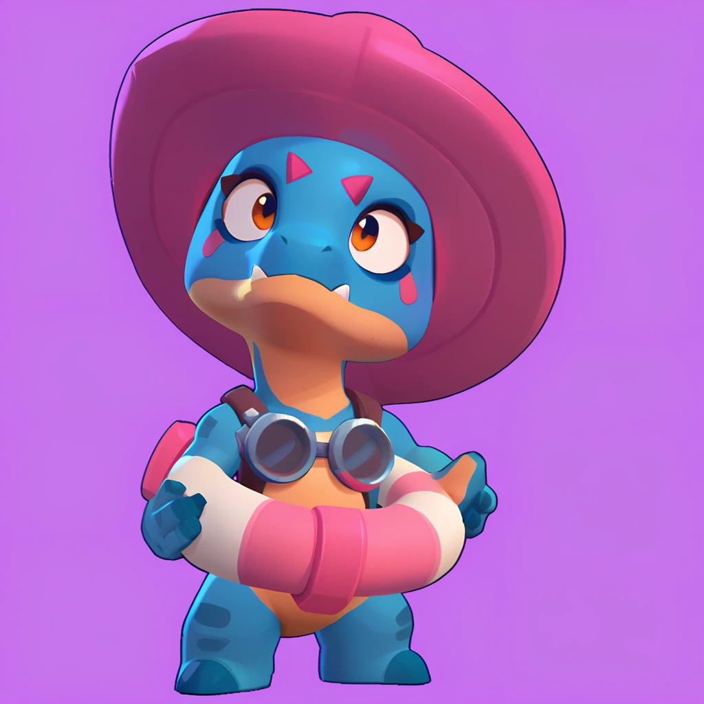 full view of a dinosaur, female, dark blue skin, friendly dinosaur, having a pink and white buoy, dinosaur animal, brawl, brawl stars