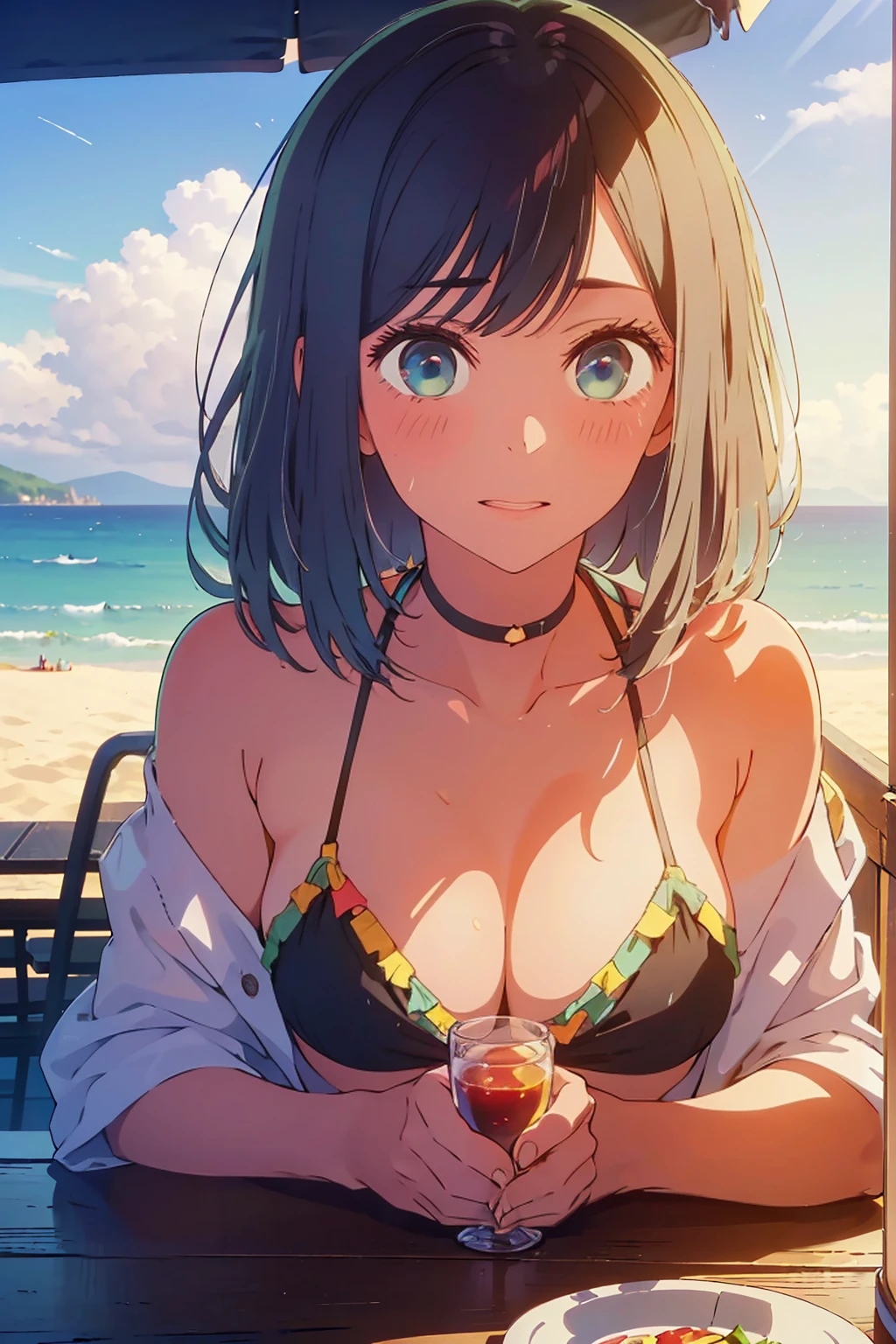 (Highest quality:1.4、masterpiece:1.4、Super detailed:1.4、8K:1.4)、((((1 person、Surprised expression、sit、Outdoor café terrace、coastal、juice、table、Sandy Beach、bikini、juiceのグラスを持つ、Big eyes、Shallow depth of field、Very cute face))))、(((sunset、Sunset)))、(((bikiniサイズは小さい)))、F cup bust、Big Breasts、Get up close and take a photo