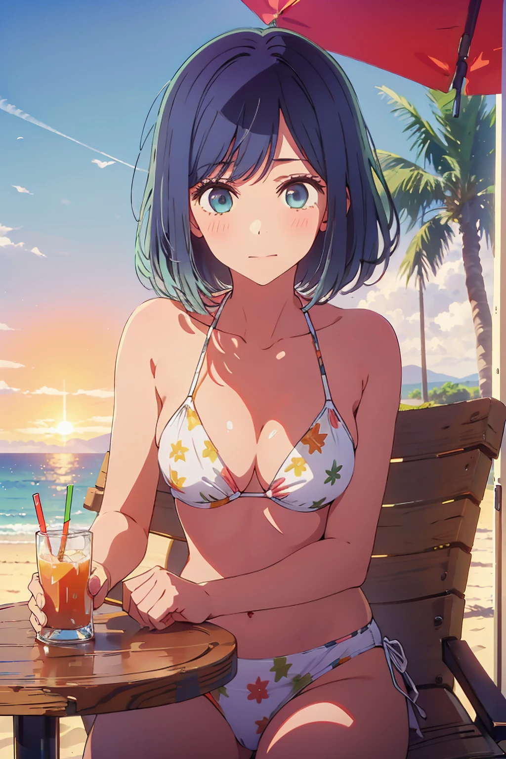 (Highest quality:1.4、masterpiece:1.4、Super detailed:1.4、8K:1.4)、((((1 person、Surprised expression、sit、Outdoor café terrace、coastal、juice、table、Sandy Beach、bikini、juiceのグラスを持つ、Big eyes、Shallow depth of field、Very cute face))))、(((sunset、Sunset)))、(((bikiniサイズは小さい)))、F cup bust、Big Breasts、Get up close and take a photo