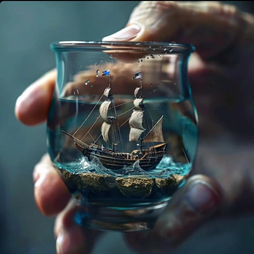 someone holding a glass with a small ship inside, send in a bottle, water art manipulation, photorealistic 3d artwork, Epic 3D illustrations, hyperrealistic 3d digital art, photorealistic 3d art, hyperrealistic 3d digital art, photo manipulation, photorealistic digital art, amazing digital art, highly realistic digital art, photo manipulation