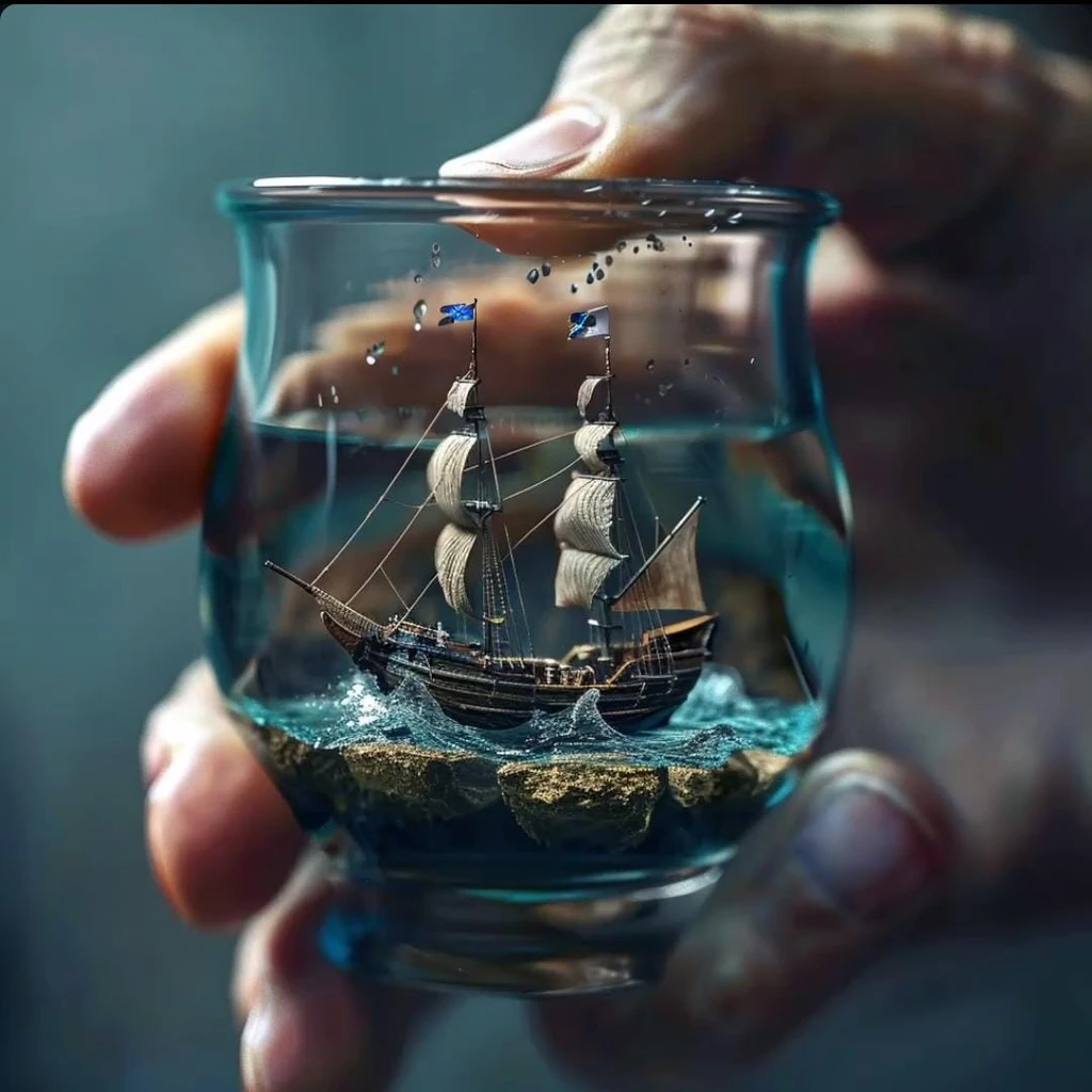 someone holding a glass with a small ship inside, send in a bottle, water art manipulation, photorealistic 3d artwork, Epic 3D illustrations, hyperrealistic 3d digital art, photorealistic 3d art, hyperrealistic 3d digital art, photo manipulation, photorealistic digital art, amazing digital art, highly realistic digital art, photo manipulation