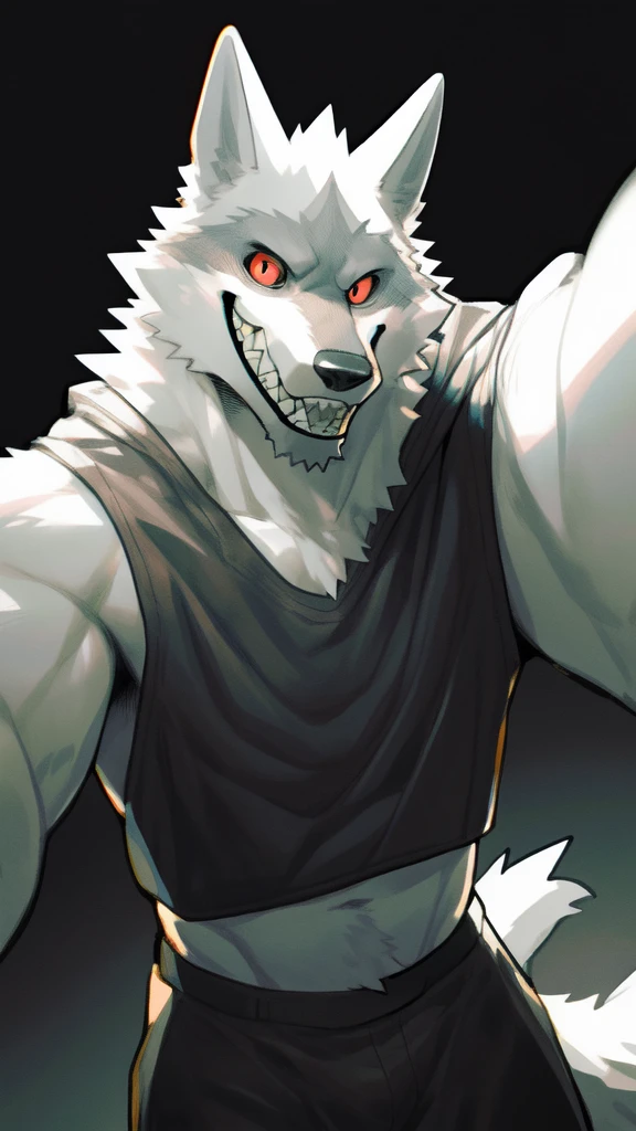 monochrome, glowing, spot color, furry, solo, male, wolf, mouth closed, sharp teeth, looking at viewer, grin, clothing, red eyes, dark light, by k0bit0wani, by kiyosan, by milkytiger1145, by jrjresq,
