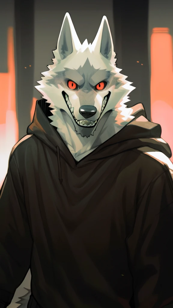 monochrome, glowing, spot color, furry, solo, male, wolf, mouth closed, sharp teeth, looking at viewer, grin, clothing, red eyes, dark light, by k0bit0wani, by kiyosan, by milkytiger1145, by jrjresq, 