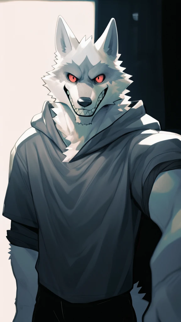 monochrome, glowing, spot color, furry, solo, male, wolf, mouth closed, sharp teeth, looking at viewer, grin, clothing, red eyes, dark light, by k0bit0wani, by kiyosan, by milkytiger1145, by jrjresq, 